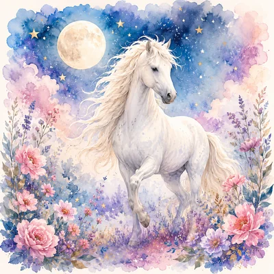 Majestic White Horse in Dreamy Floral Landscape