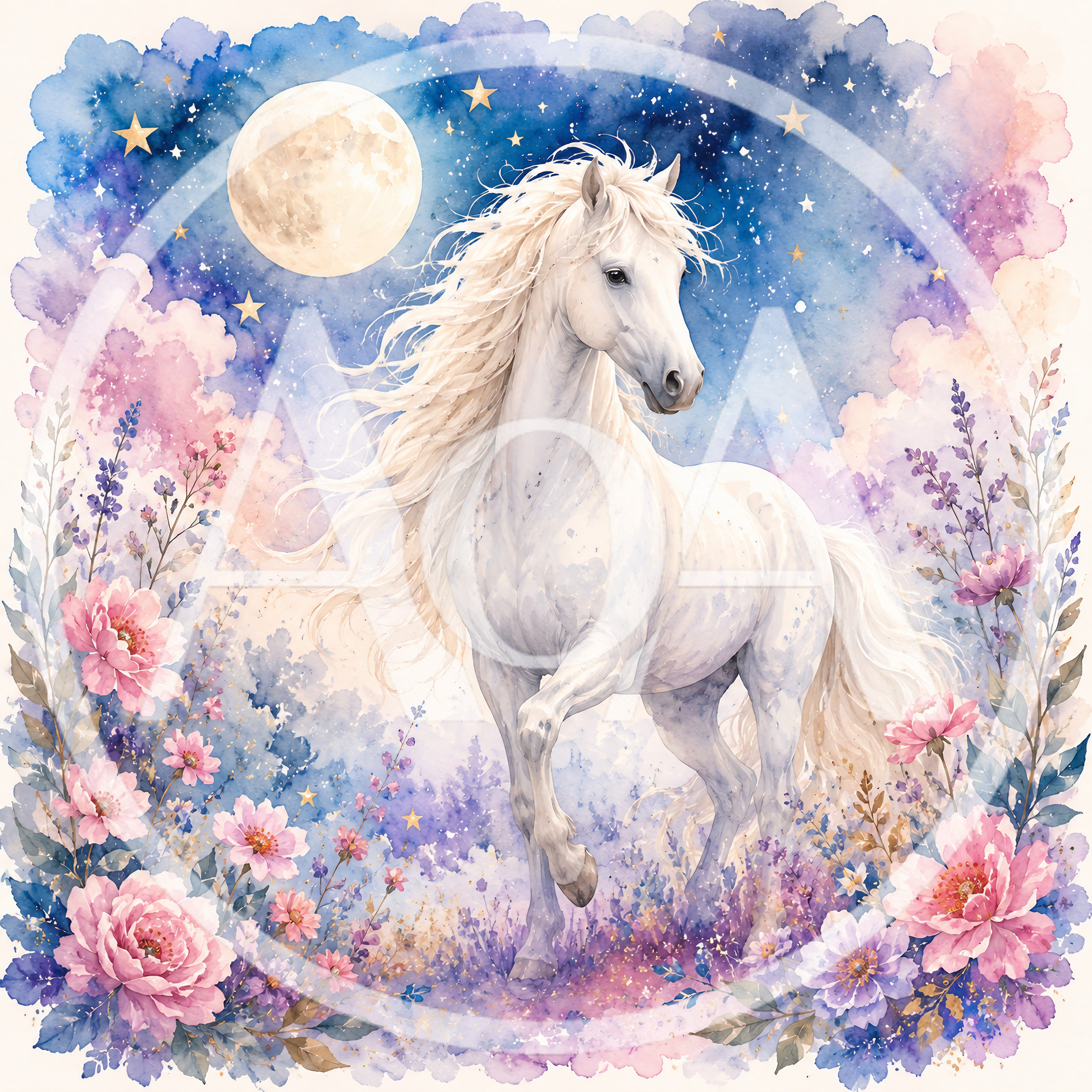 Majestic White Horse in Dreamy Floral Landscape