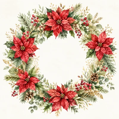 Watercolor Christmas Wreath With Poinsettias And Pine