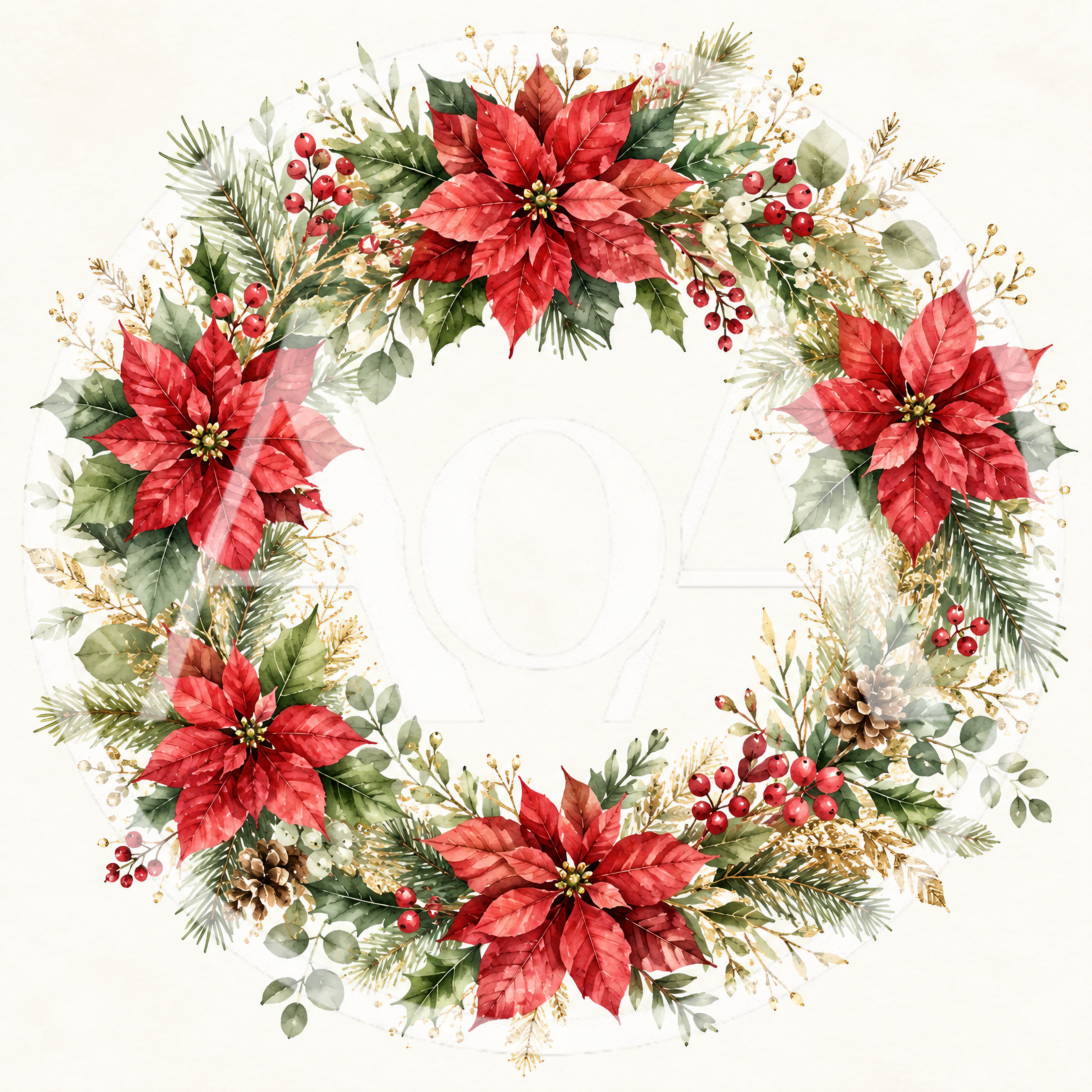Watercolor Christmas Wreath With Poinsettias And Pine