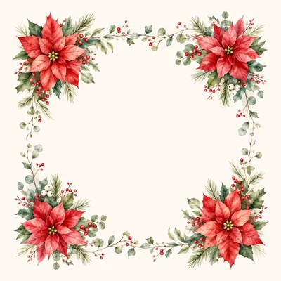 Watercolor Poinsettia Christmas Floral Frame Border
