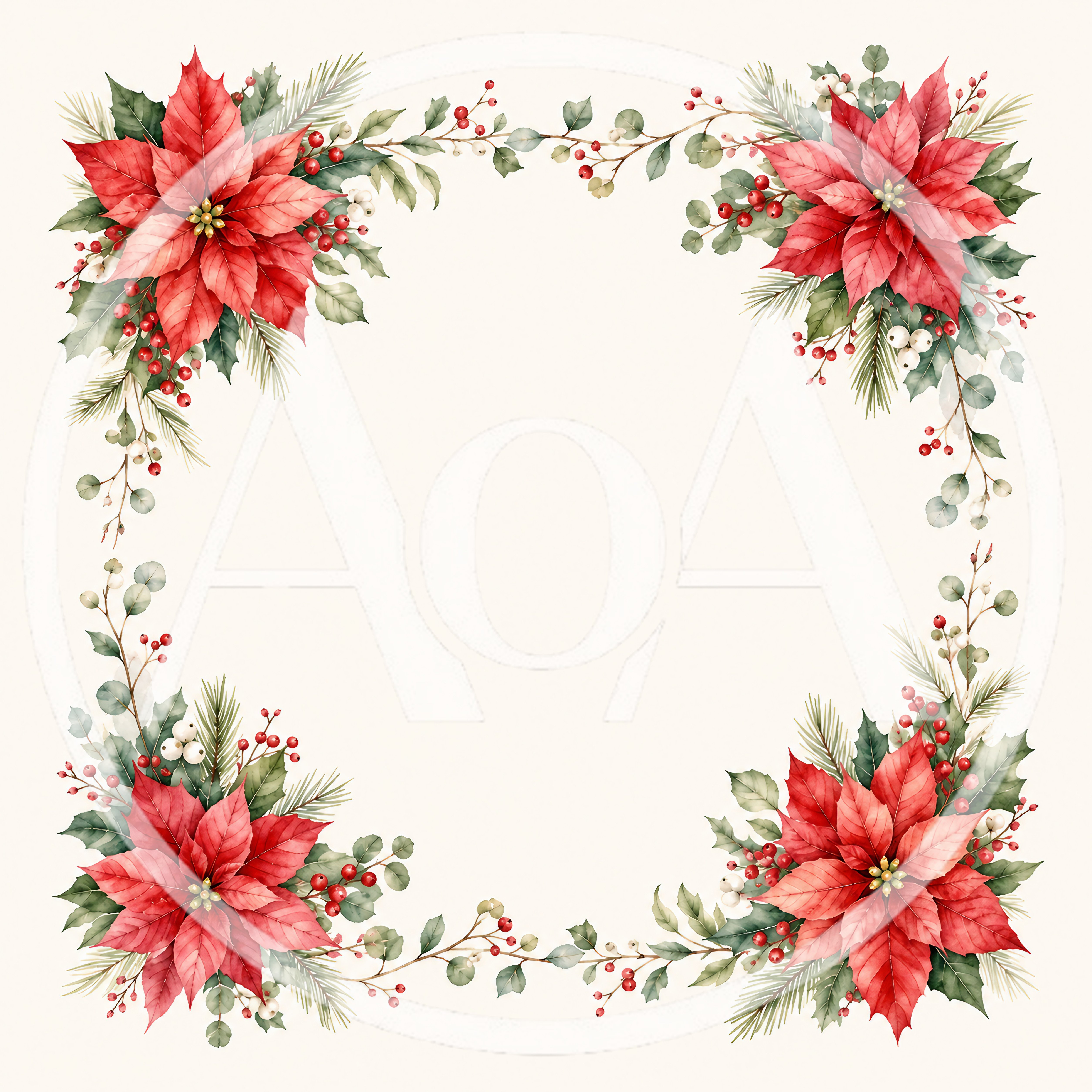Watercolor Poinsettia Christmas Floral Frame Border