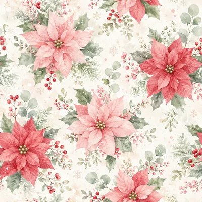 Watercolor Christmas Poinsettia Floral Seamless Pattern