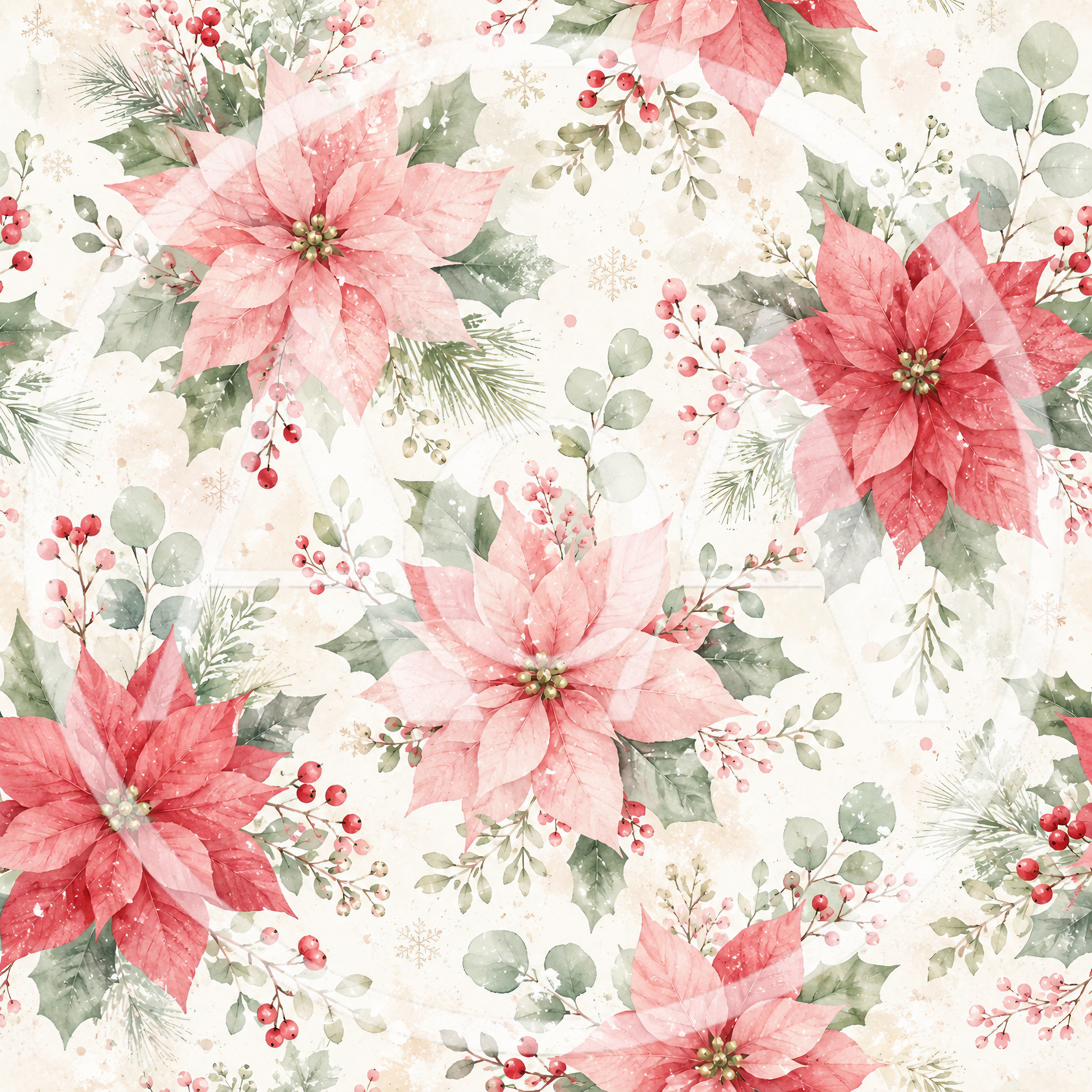 Watercolor Christmas Poinsettia Floral Seamless Pattern
