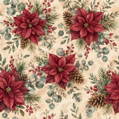 Seamless Christmas Pattern With Poinsettia Flowers And Pinecones