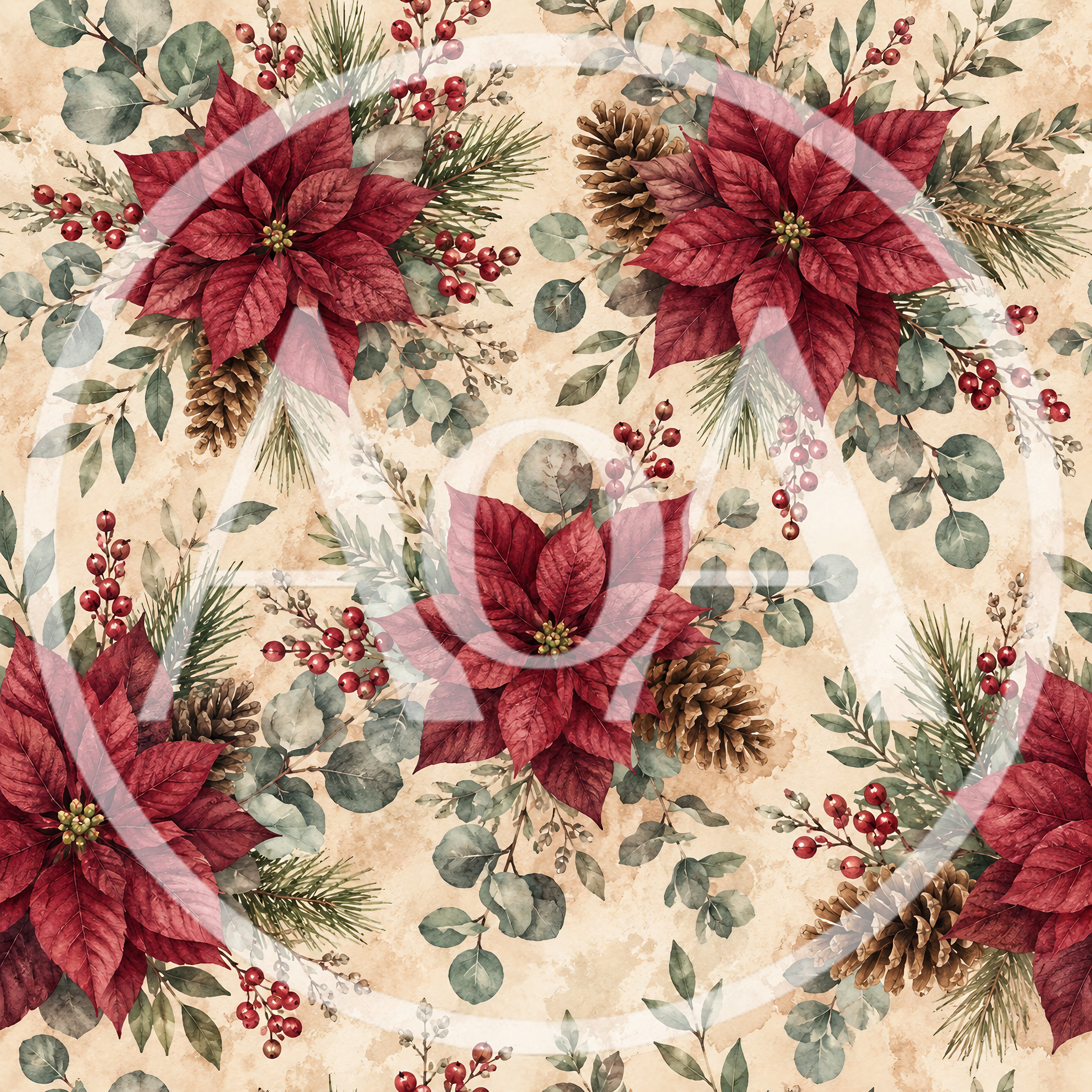 Seamless Christmas Pattern With Poinsettia Flowers And Pinecones