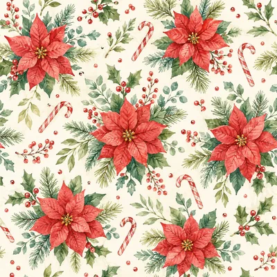 Watercolor Christmas Seamless Pattern With Poinsettias And Candy Canes