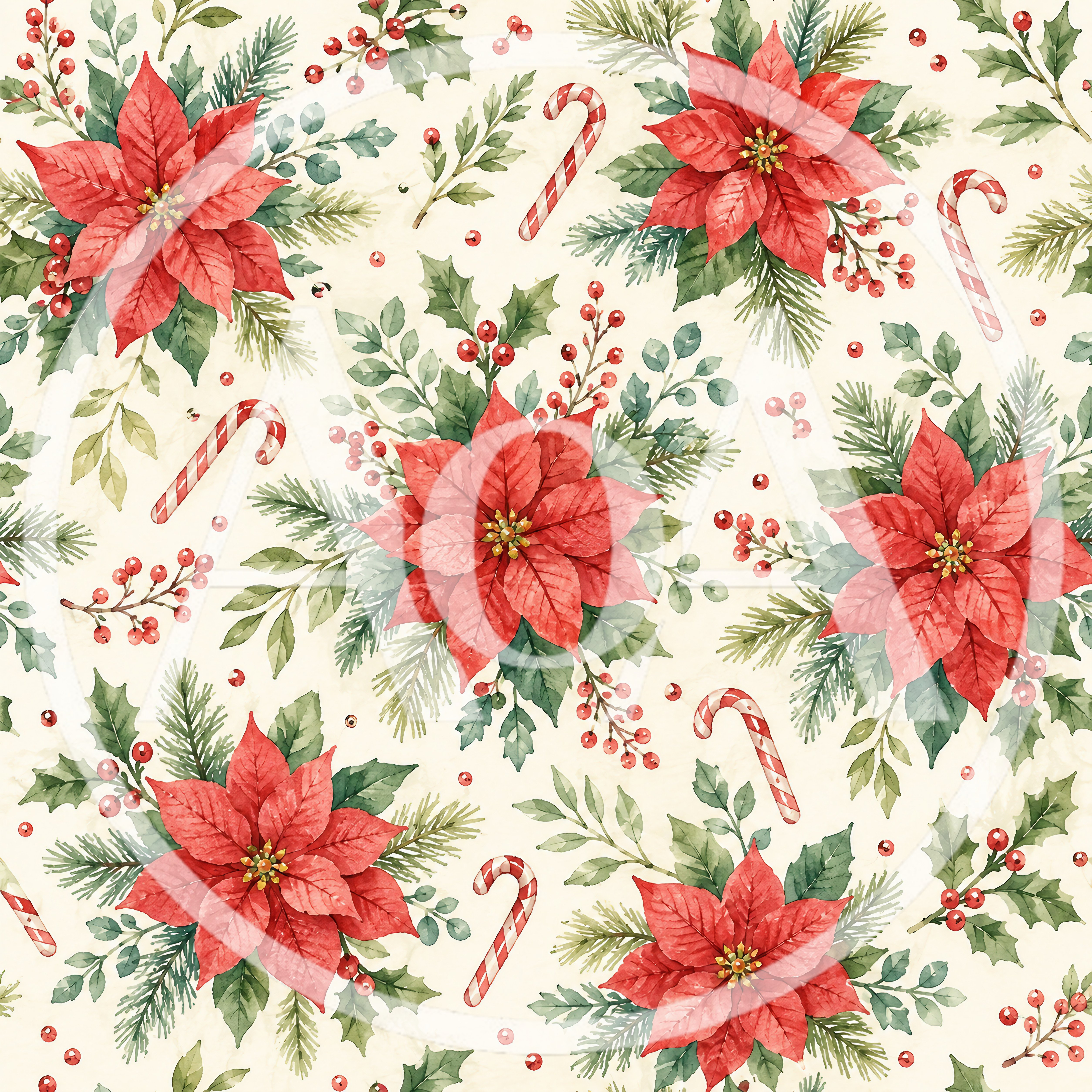 Watercolor Christmas Seamless Pattern With Poinsettias And Candy Canes
