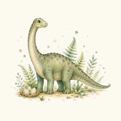 Watercolor Illustration Of A Cute Brachiosaurus With Eggs