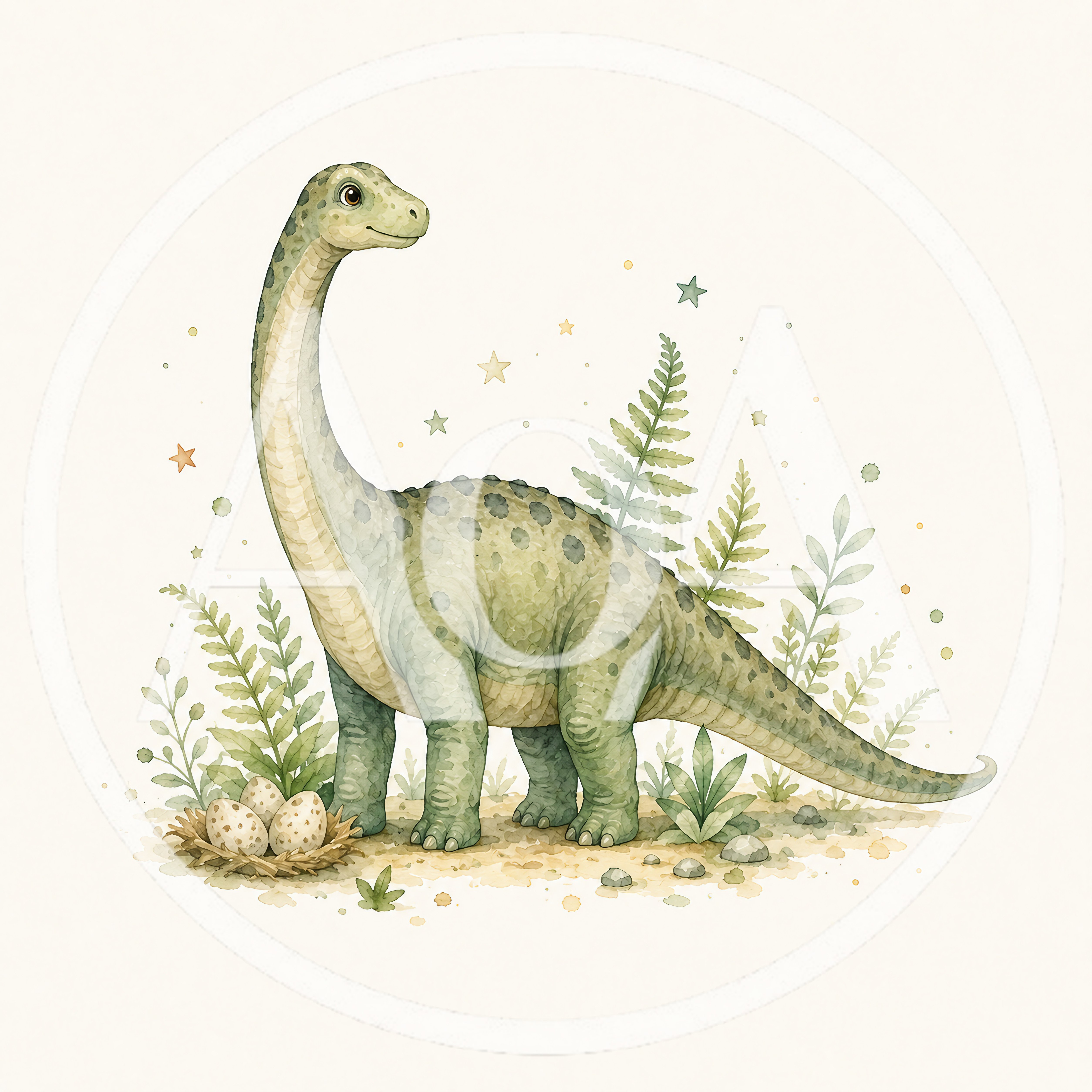 Watercolor Illustration Of A Cute Brachiosaurus With Eggs