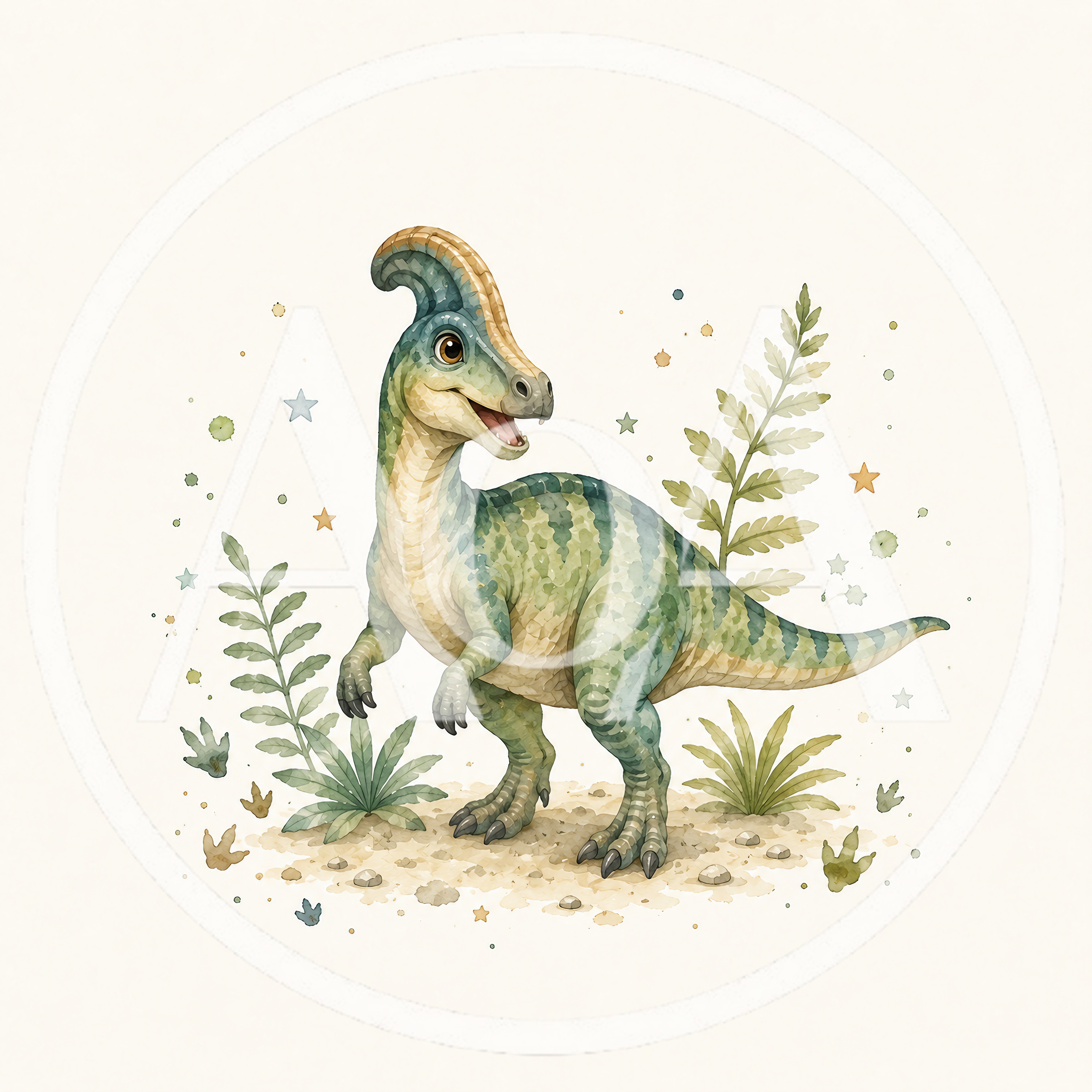 Cute Watercolor Parasaurolophus Dinosaur Illustration