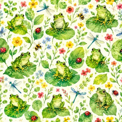 Watercolor Seamless Pattern With Frogs And Insects