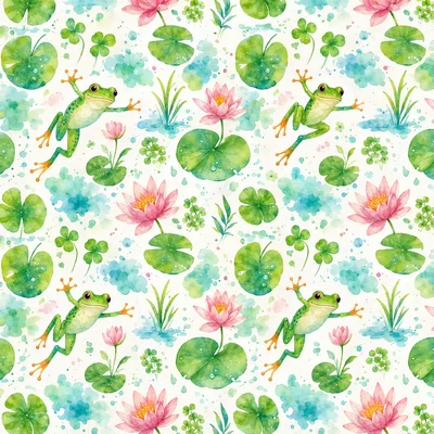 Watercolor Pattern With Frogs And Pink Water Lilies