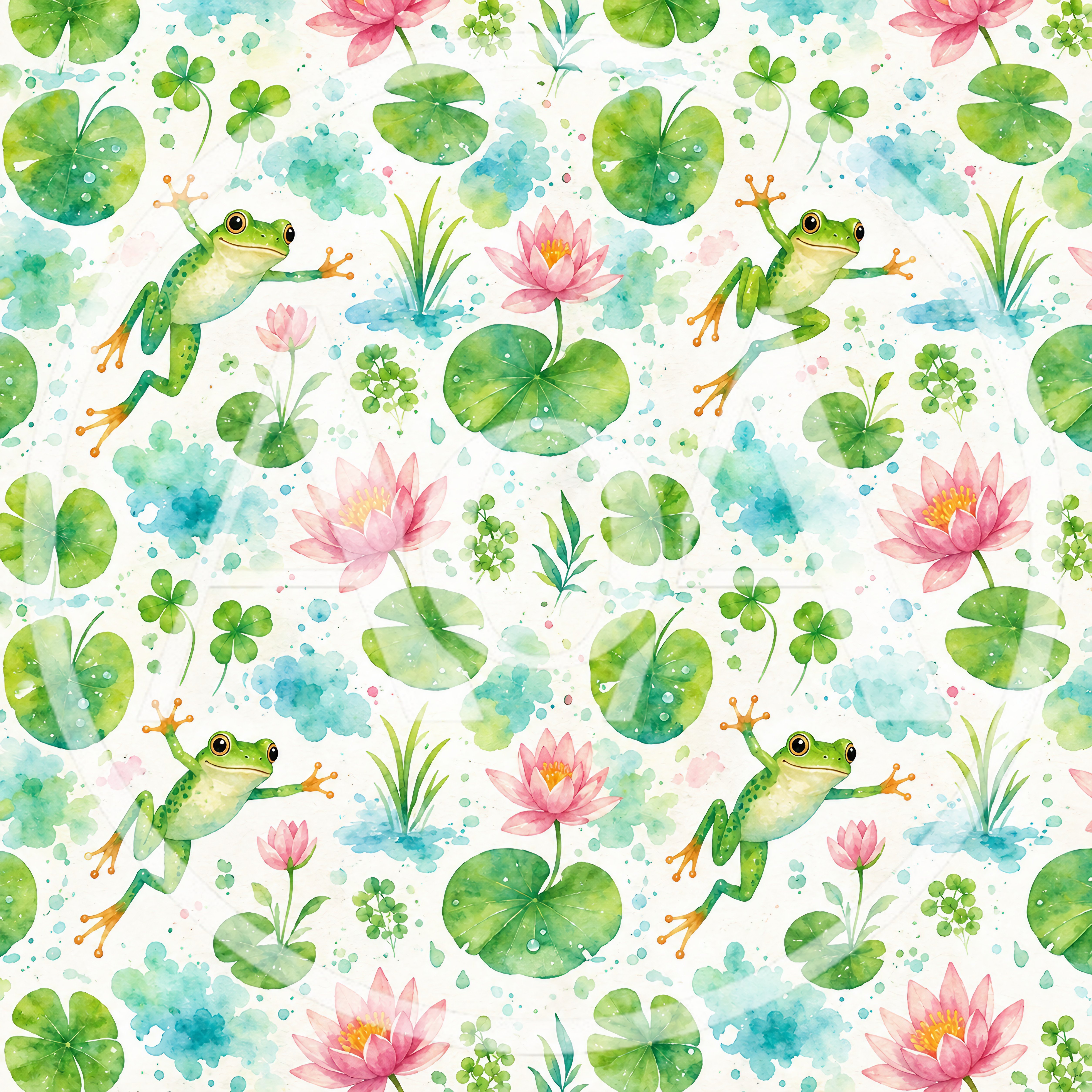 Watercolor Pattern With Frogs And Pink Water Lilies