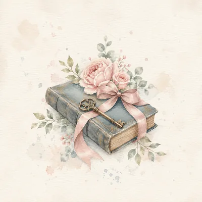 Vintage Book With Key And Floral Arrangement