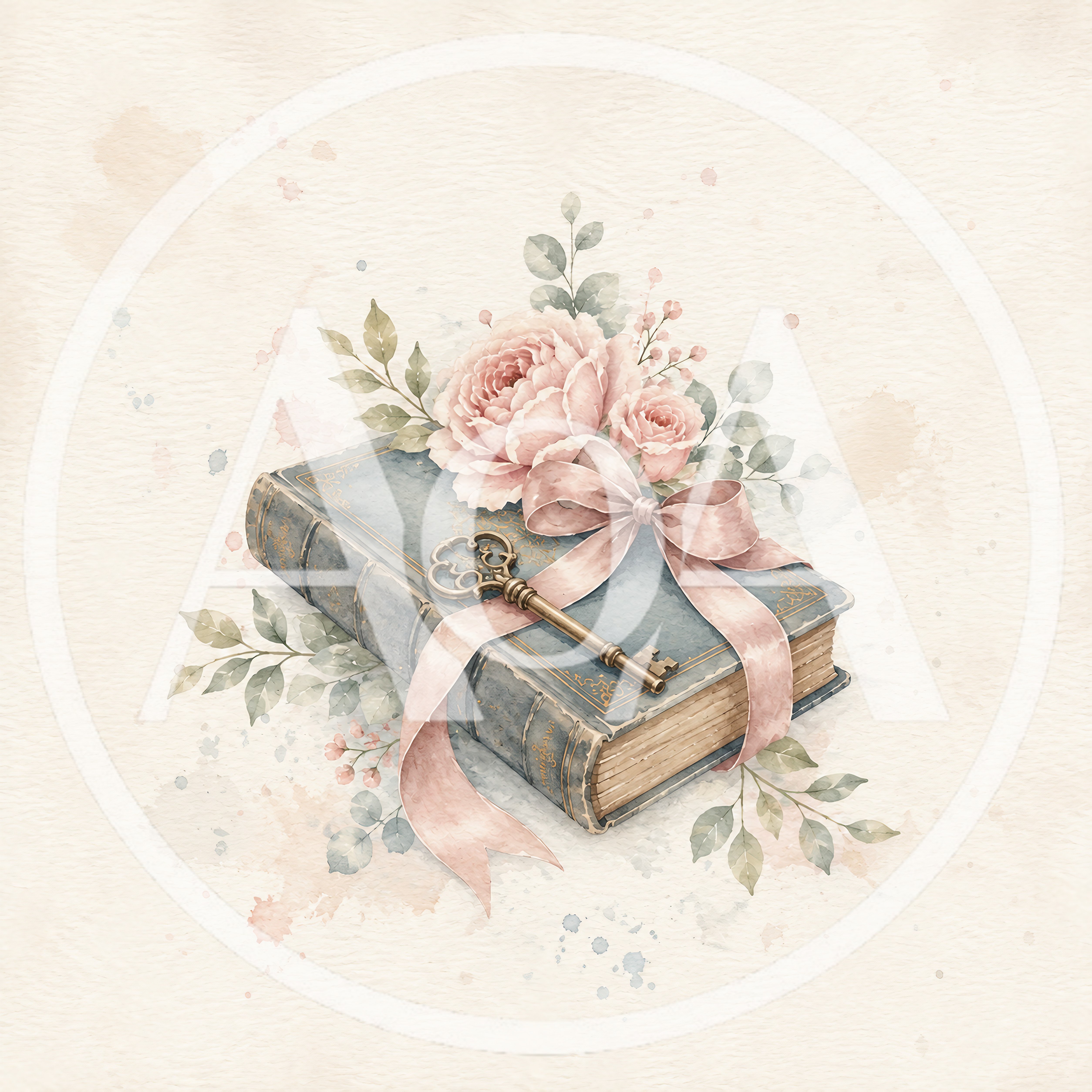 Vintage Book With Key And Floral Arrangement