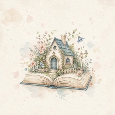 Watercolor Illustration Of A Magical Cottage Inside A Book