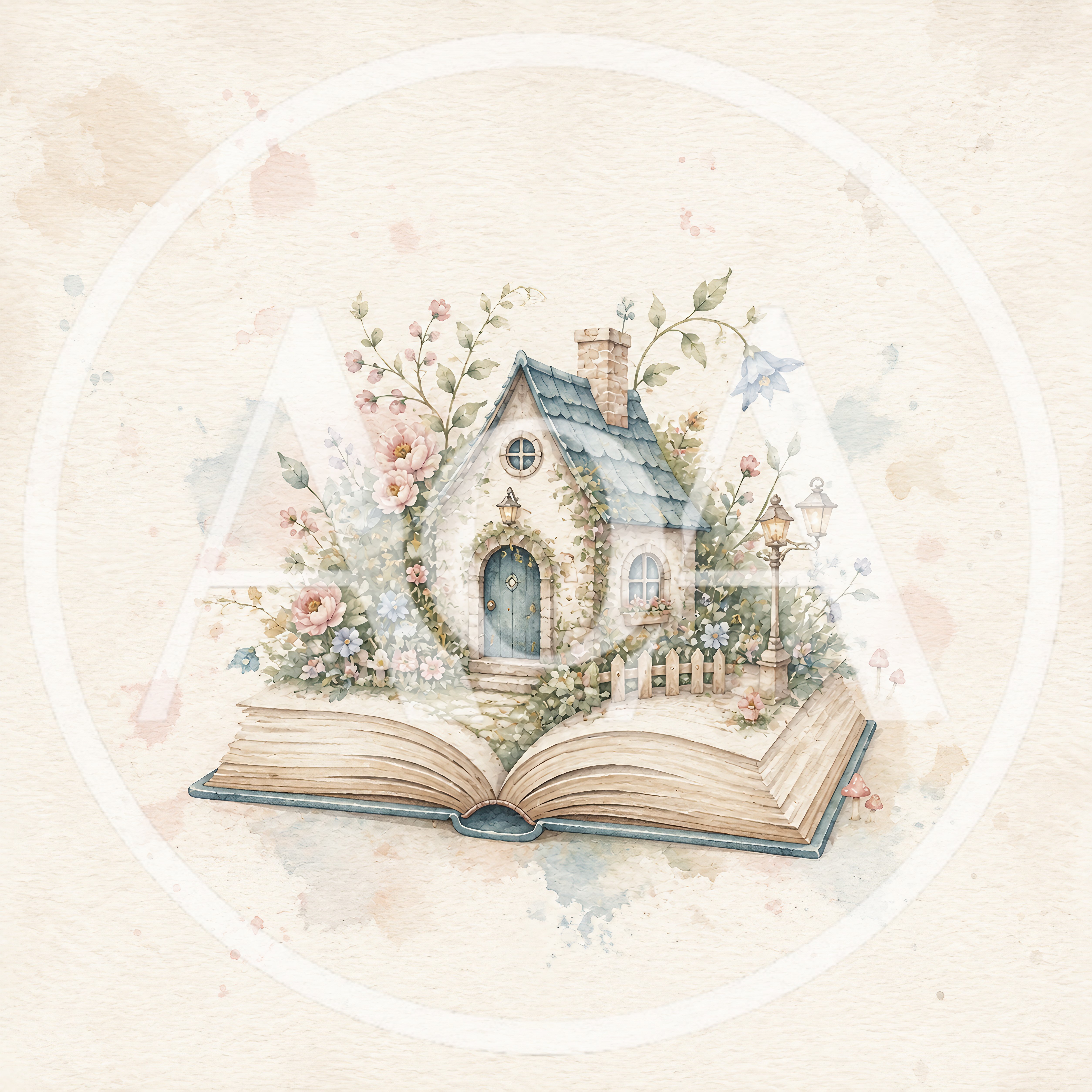 Watercolor Illustration Of A Magical Cottage Inside A Book