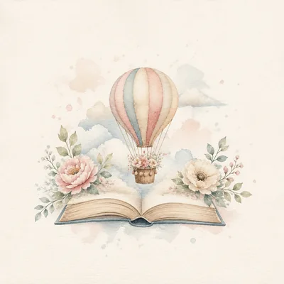 Watercolor Illustration Of Hot Air Balloon Emerging From Book