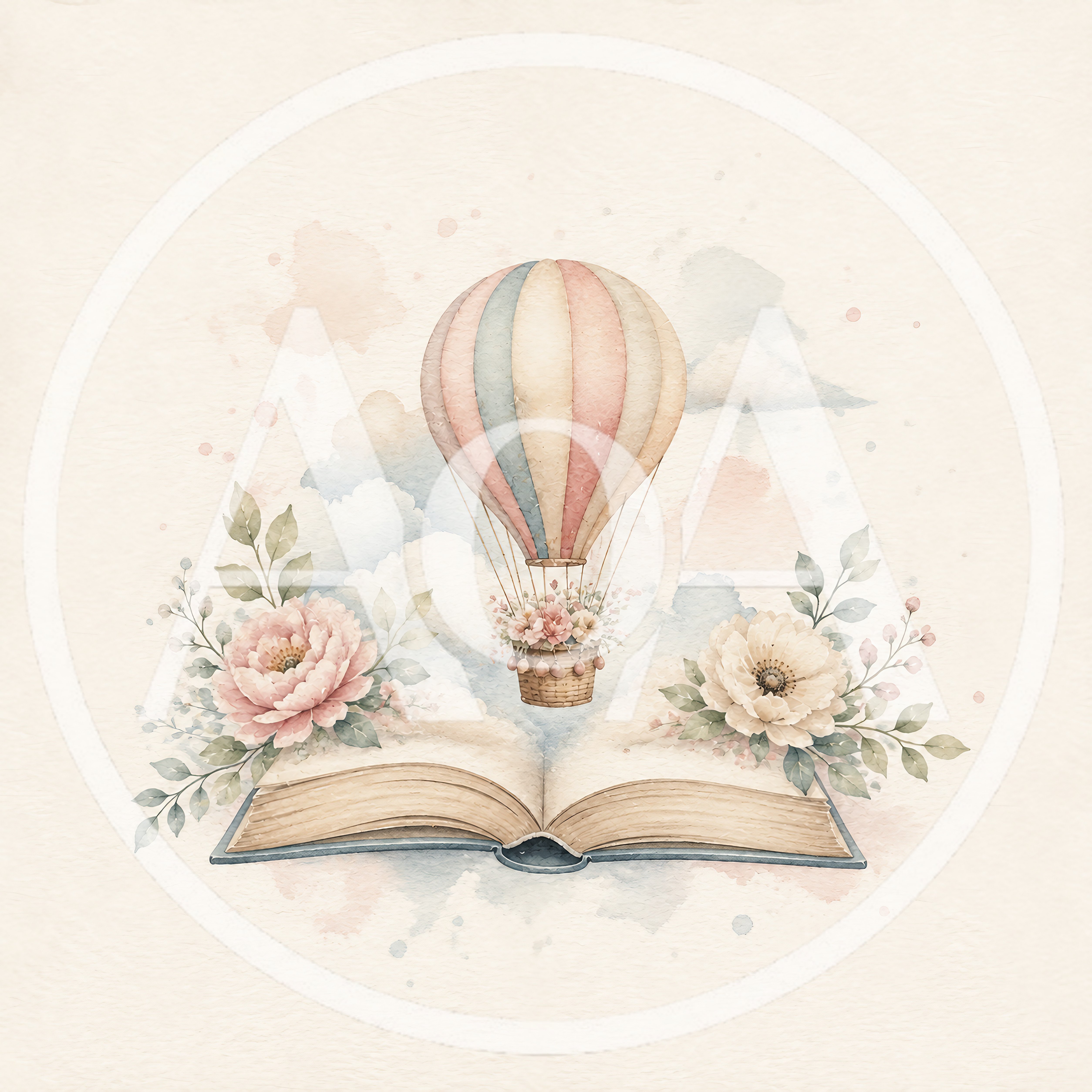 Watercolor Illustration Of Hot Air Balloon Emerging From Book