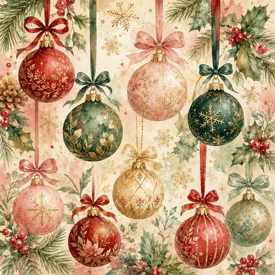 Watercolor Christmas Ornaments Hanging With Festive Foliage