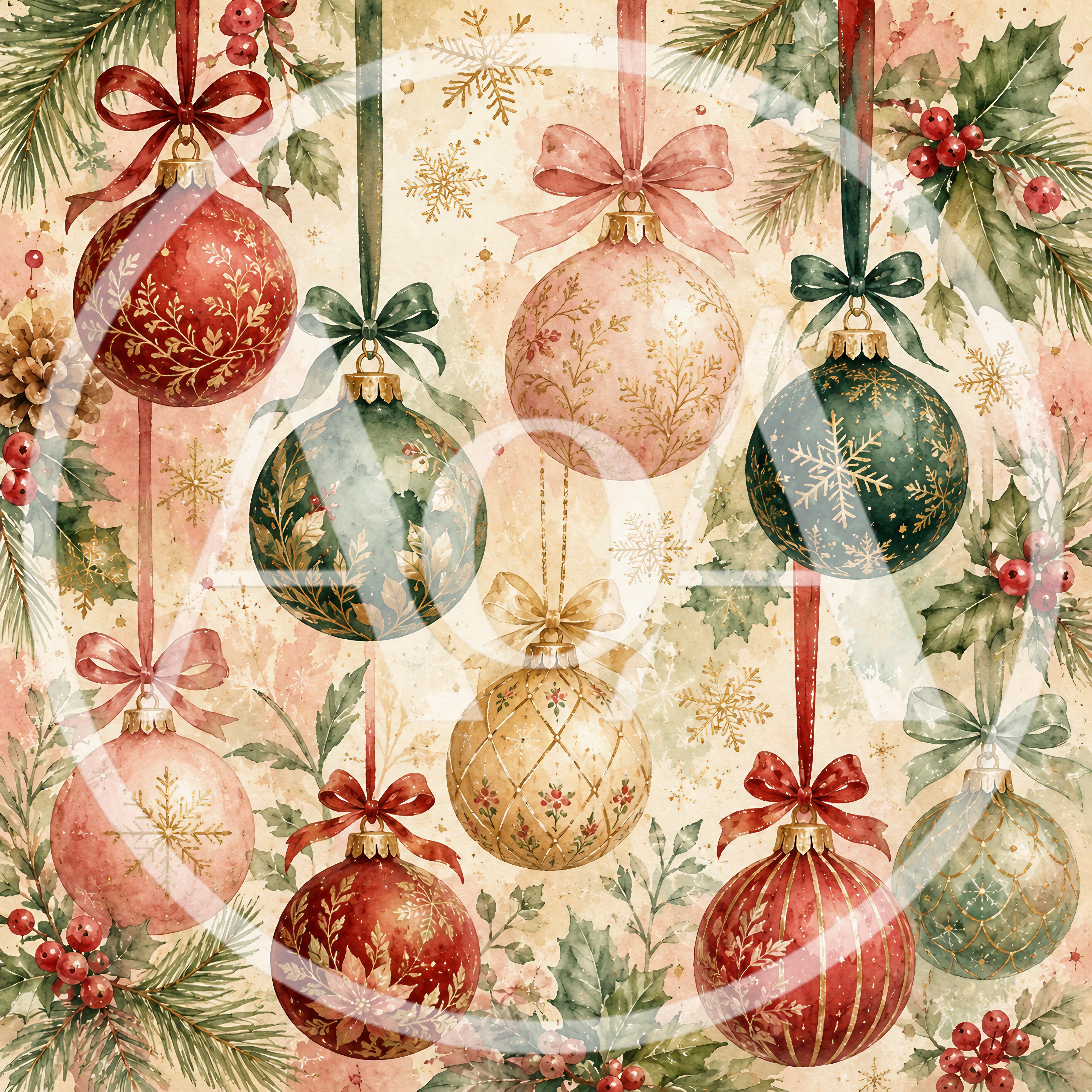 Watercolor Christmas Ornaments Hanging With Festive Foliage