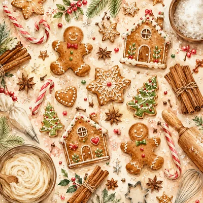 Christmas Gingerbread Cookies And Baking Ingredients Flat Lay