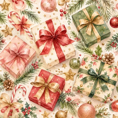 Watercolor Christmas Gift Boxes And Holiday Decorations