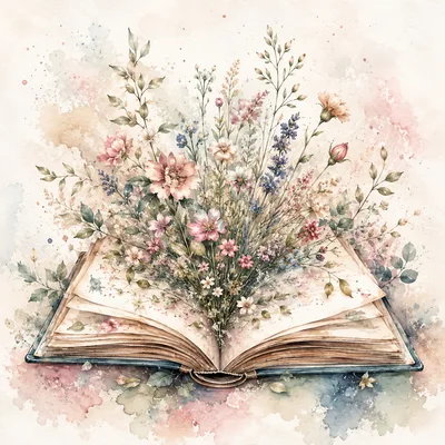 Watercolor Illustration Of Wildflowers Blooming From An Open Book