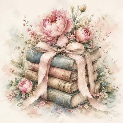 Watercolor Illustration of Stacked Vintage Books and Peonies