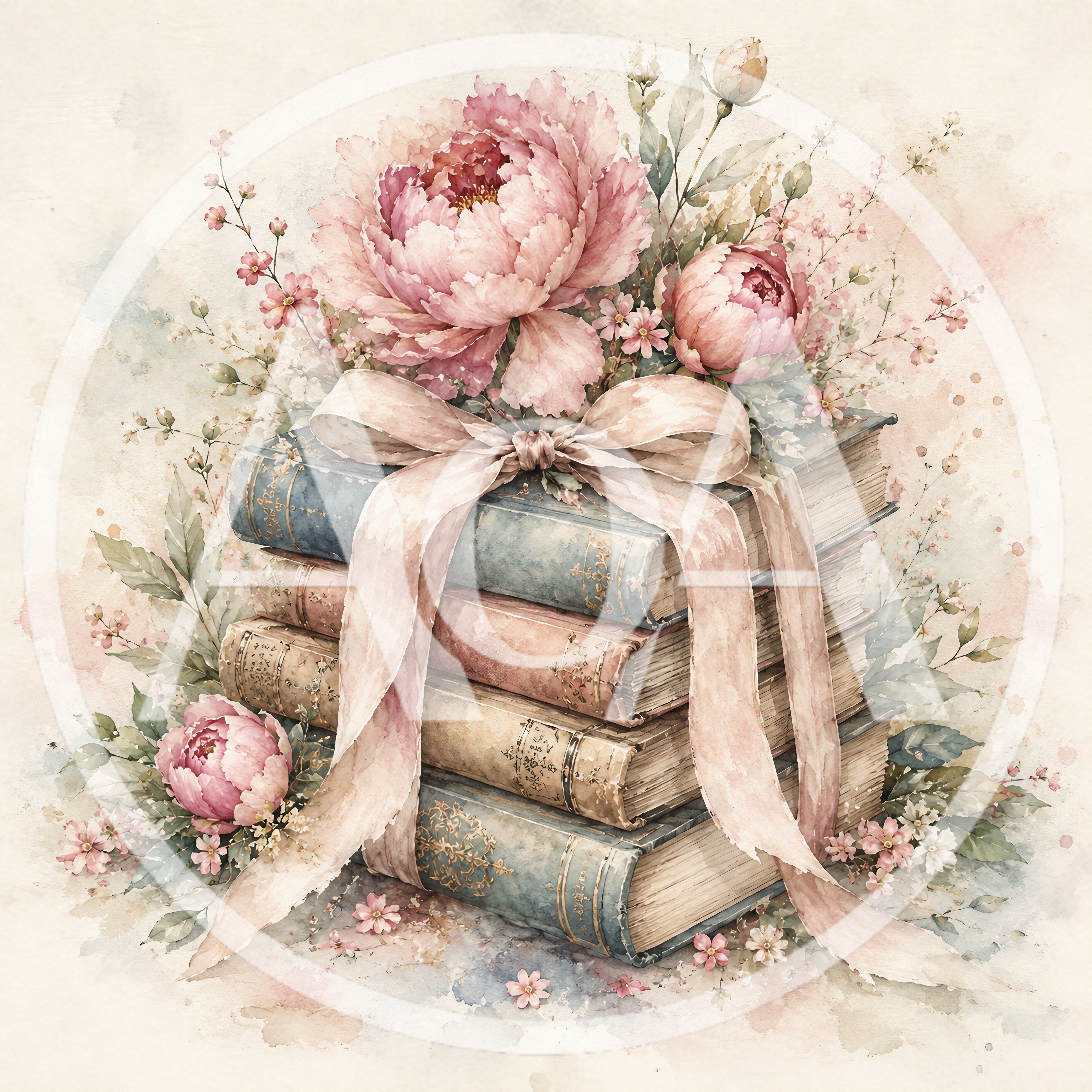 Watercolor Illustration of Stacked Vintage Books and Peonies