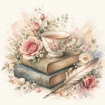 Watercolor Illustration of Tea Cup and Books