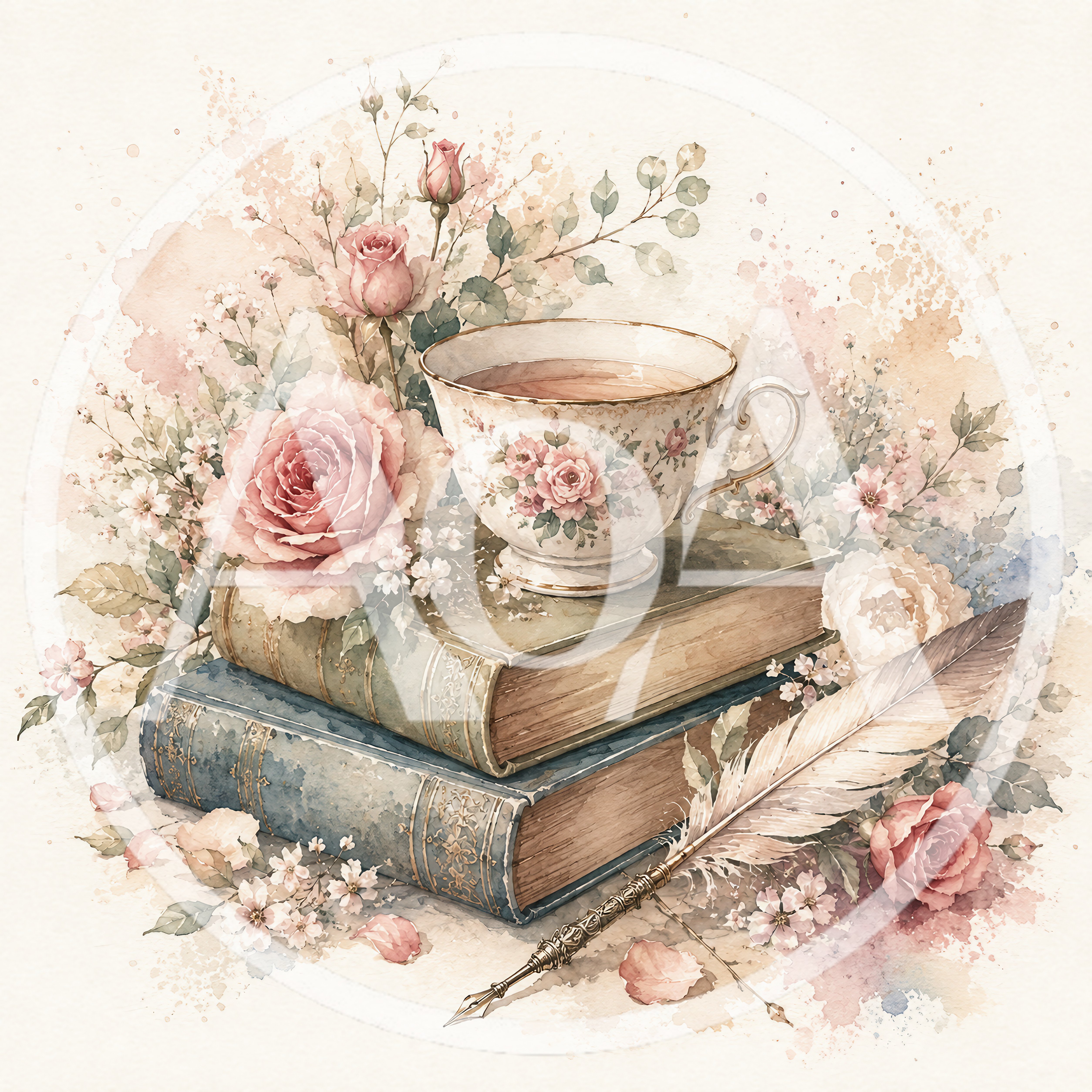 Watercolor Illustration of Tea Cup and Books