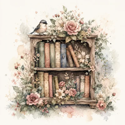 Watercolor Illustration of a Floral Bookshelf with Bird