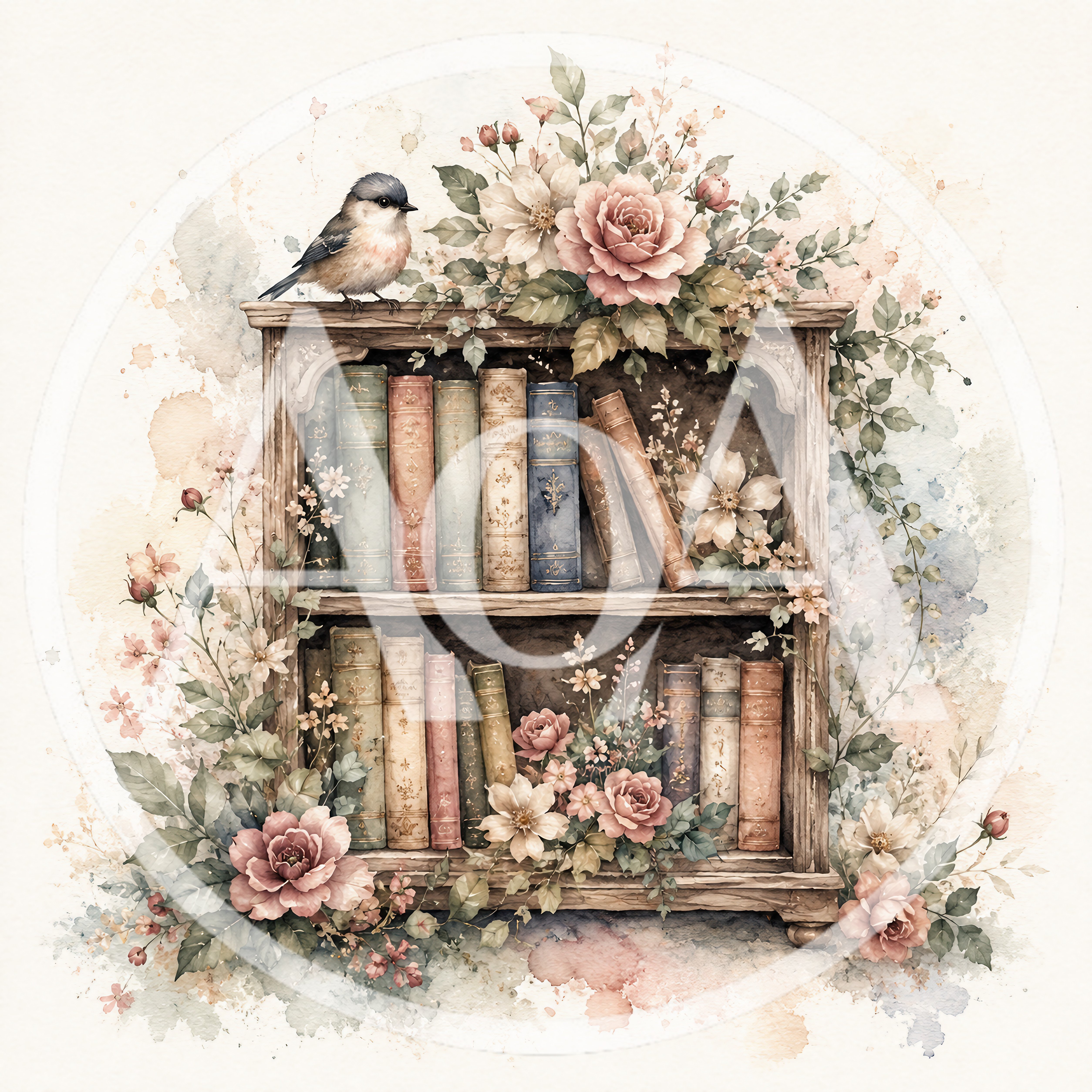 Watercolor Illustration of a Floral Bookshelf with Bird
