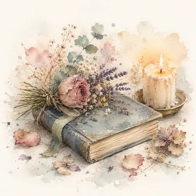Watercolor Illustration of Vintage Book with Dried Flowers