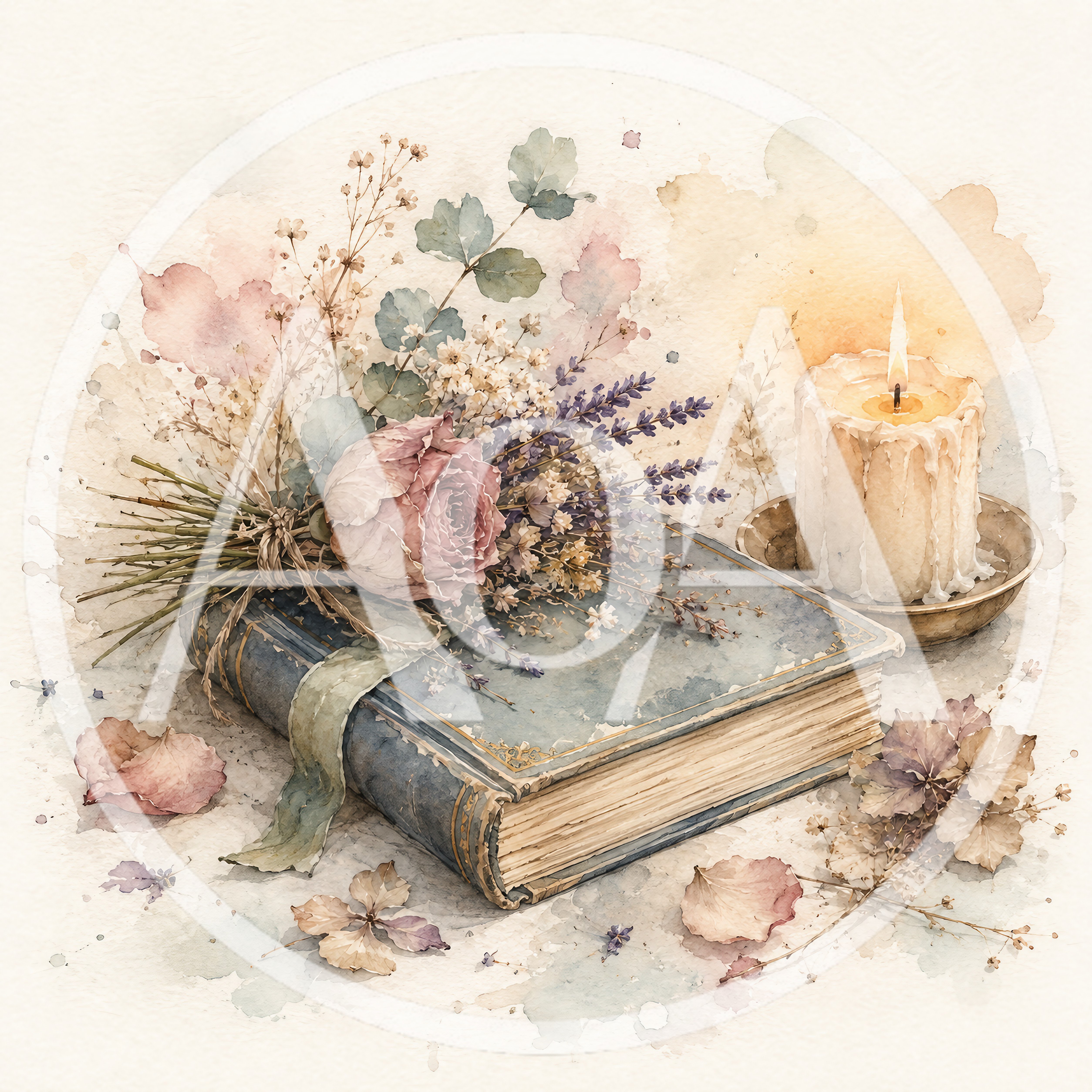 Watercolor Illustration of Vintage Book with Dried Flowers