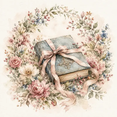 Vintage Book Wrapped With Ribbon In Floral Wreath