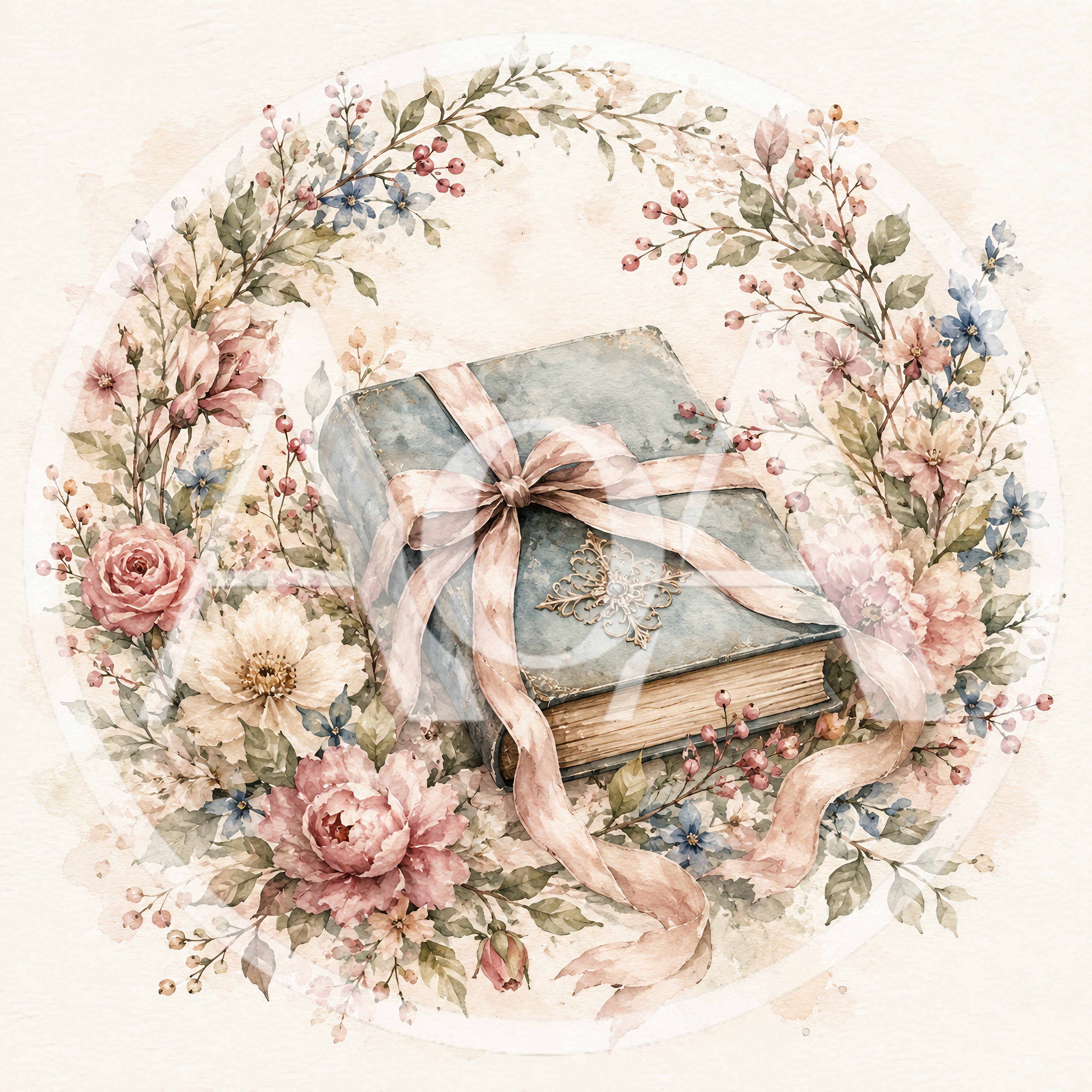 Vintage Book Wrapped With Ribbon In Floral Wreath