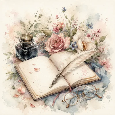 Vintage Writing Set With Open Book And Flowers