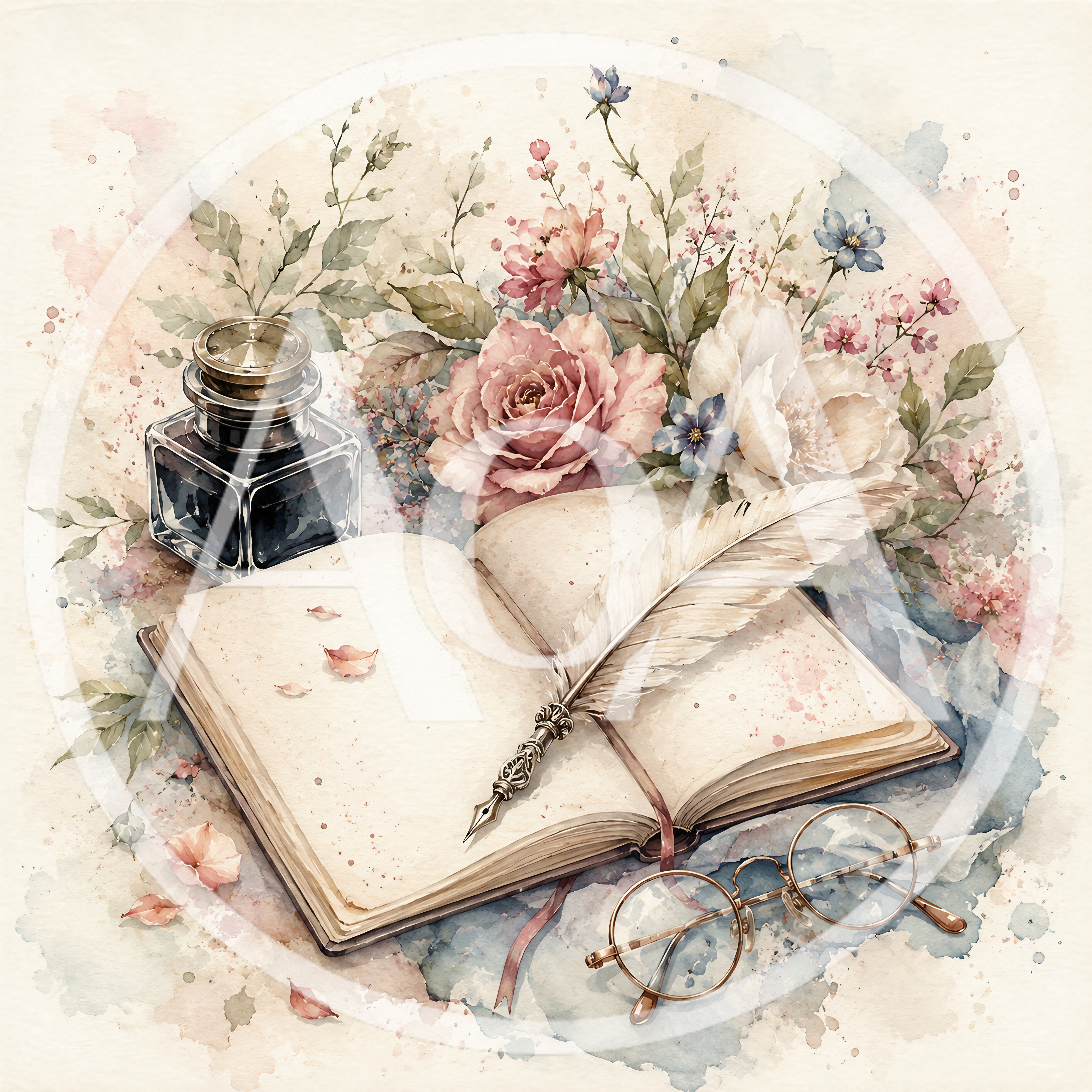 Vintage Writing Set With Open Book And Flowers