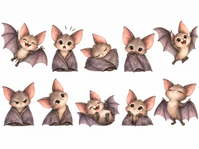Set of Cute Cartoon Baby Bats in Various Poses