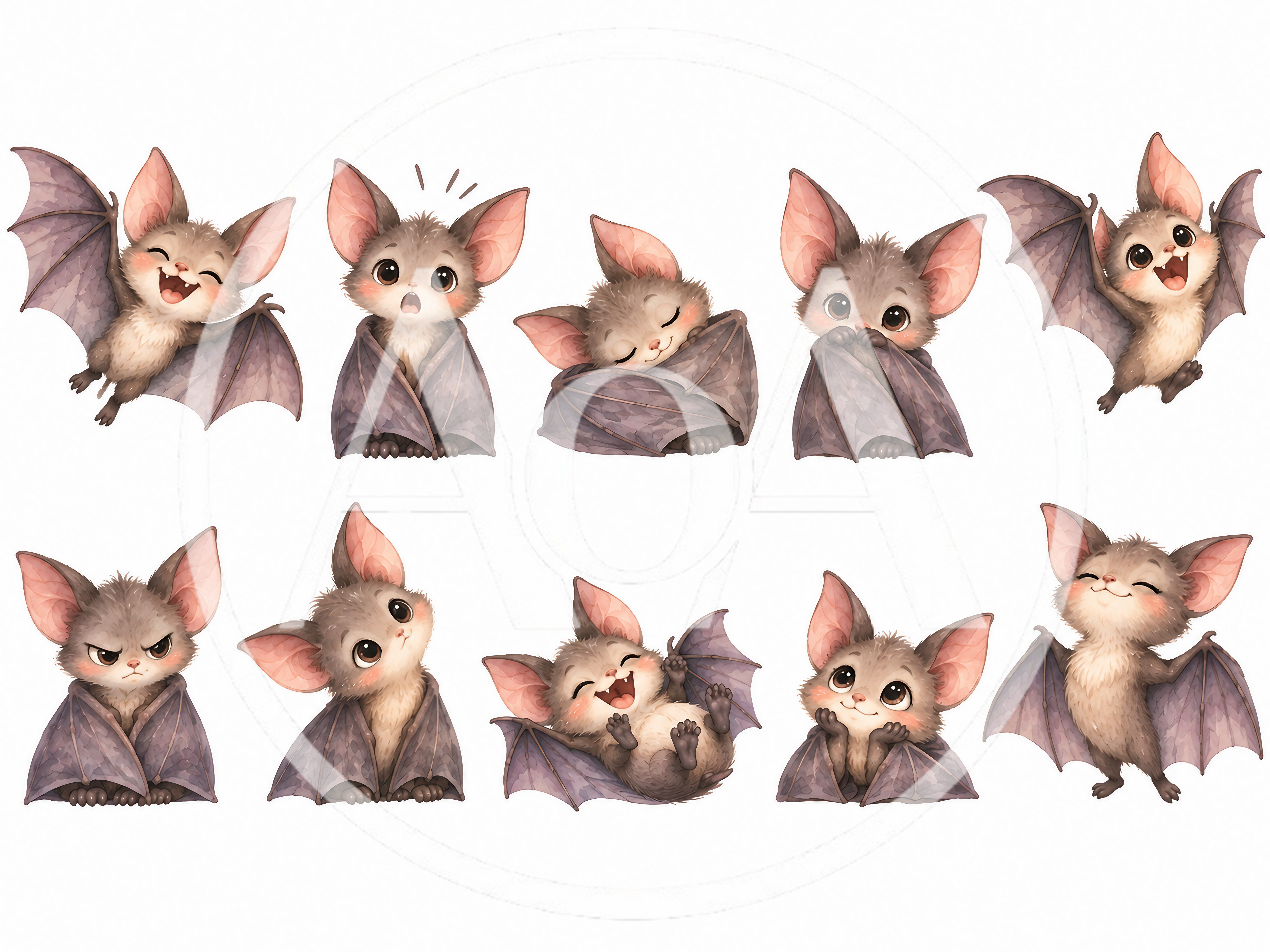 Set of Cute Cartoon Baby Bats in Various Poses
