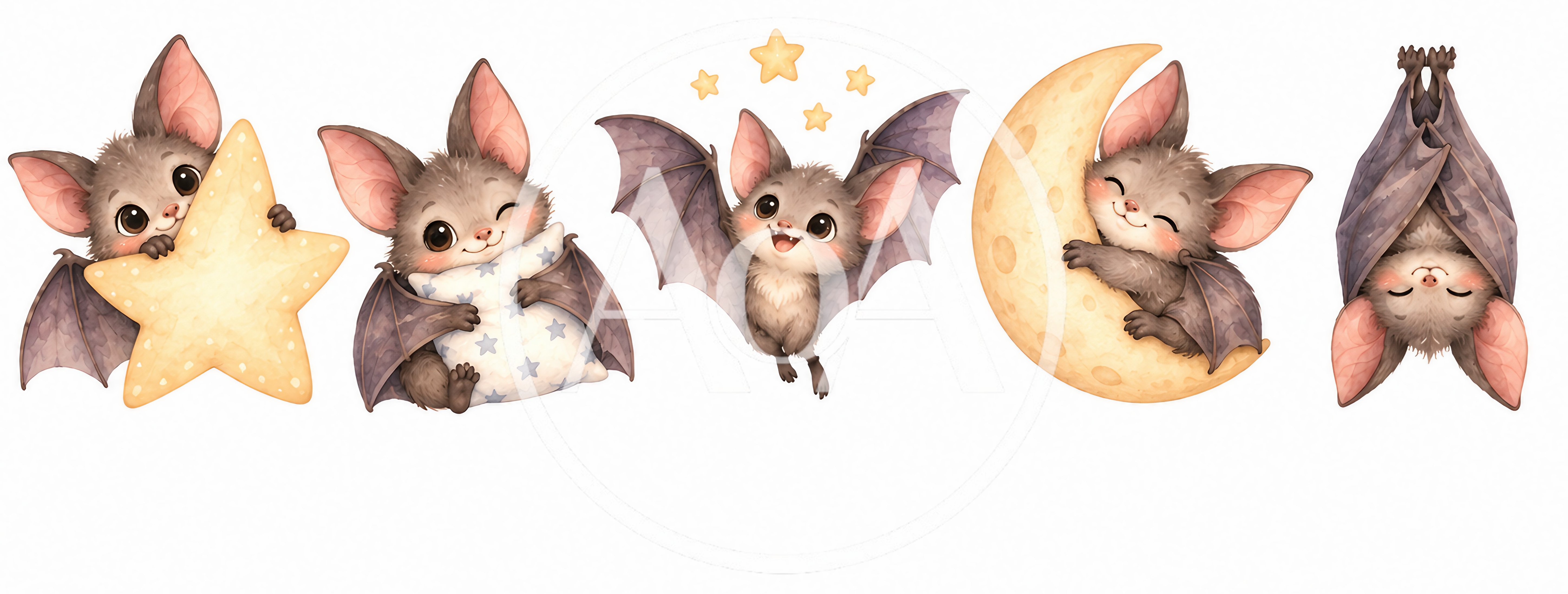 Cute Cartoon Bats With Moon And Stars