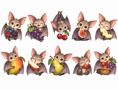 Cute Cartoon Bats Eating Various Fresh Fruits