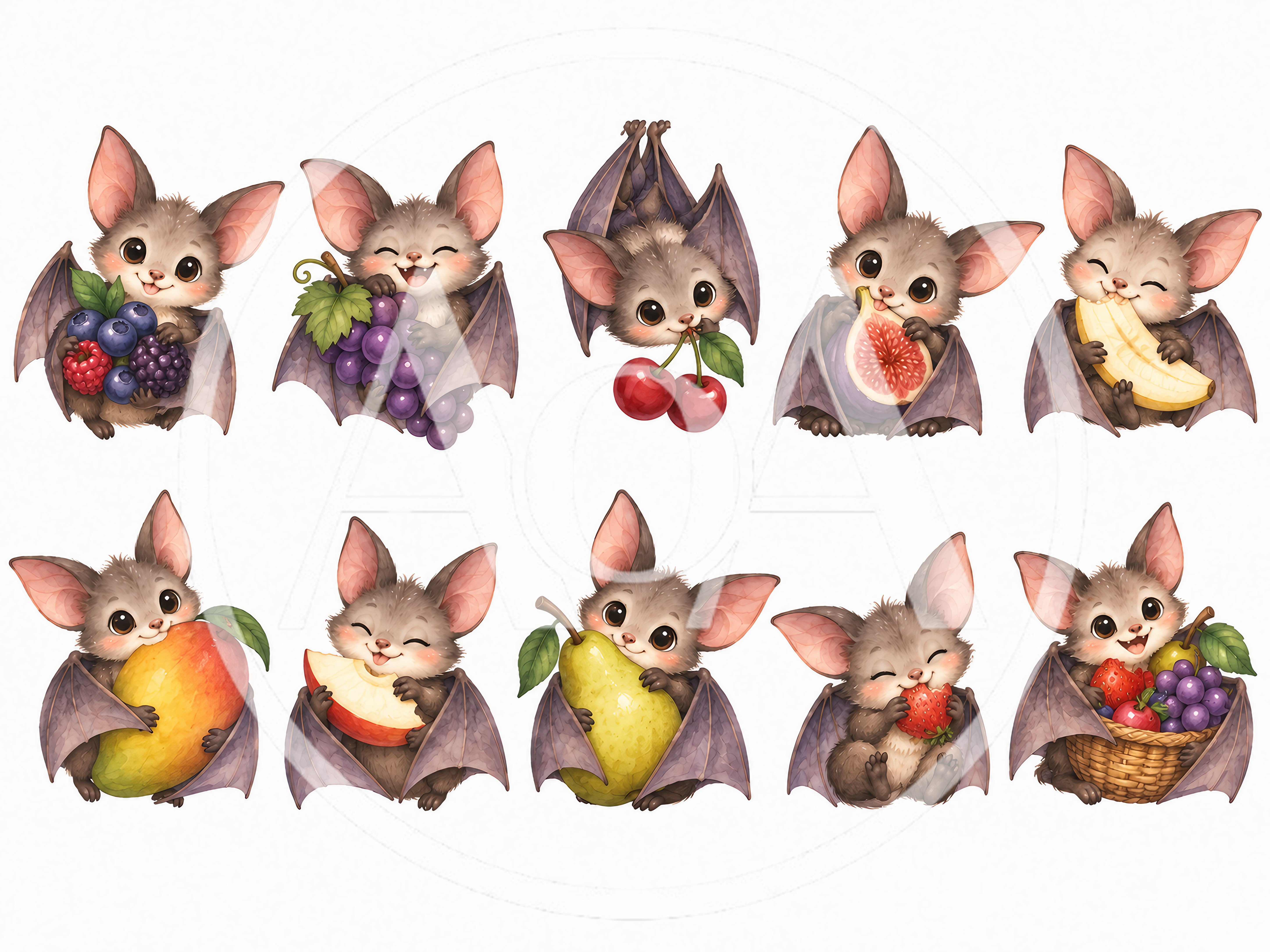 Cute Cartoon Bats Eating Various Fresh Fruits