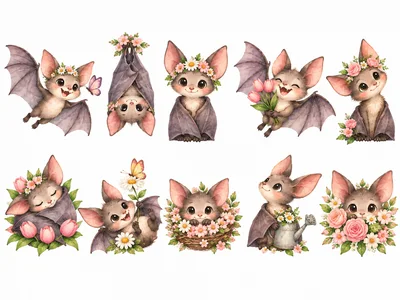 Cute Cartoon Bats With Flowers And Butterflies