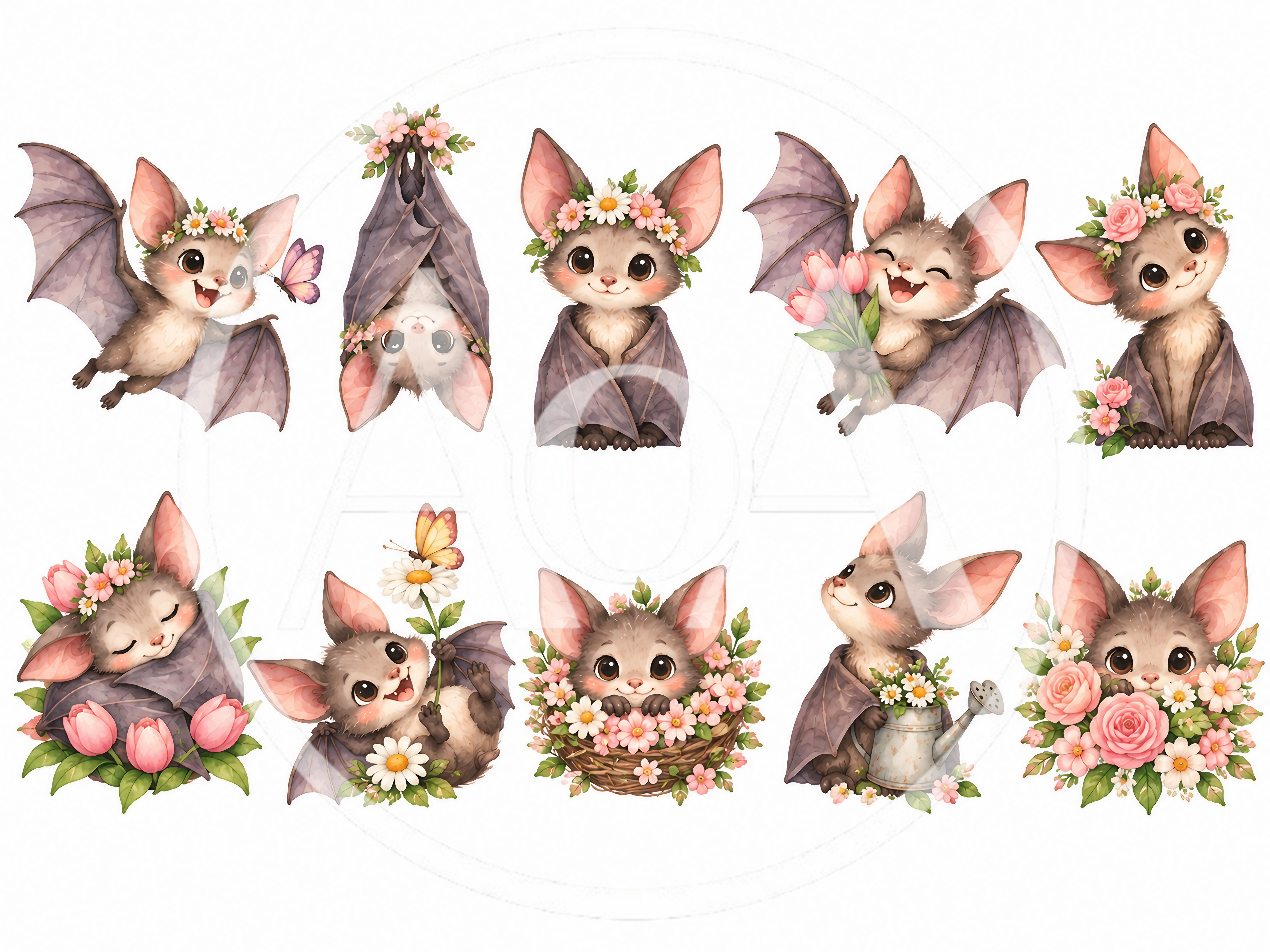 Cute Cartoon Bats With Flowers And Butterflies