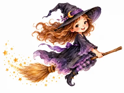 Cute Little Witch Flying on a Broomstick