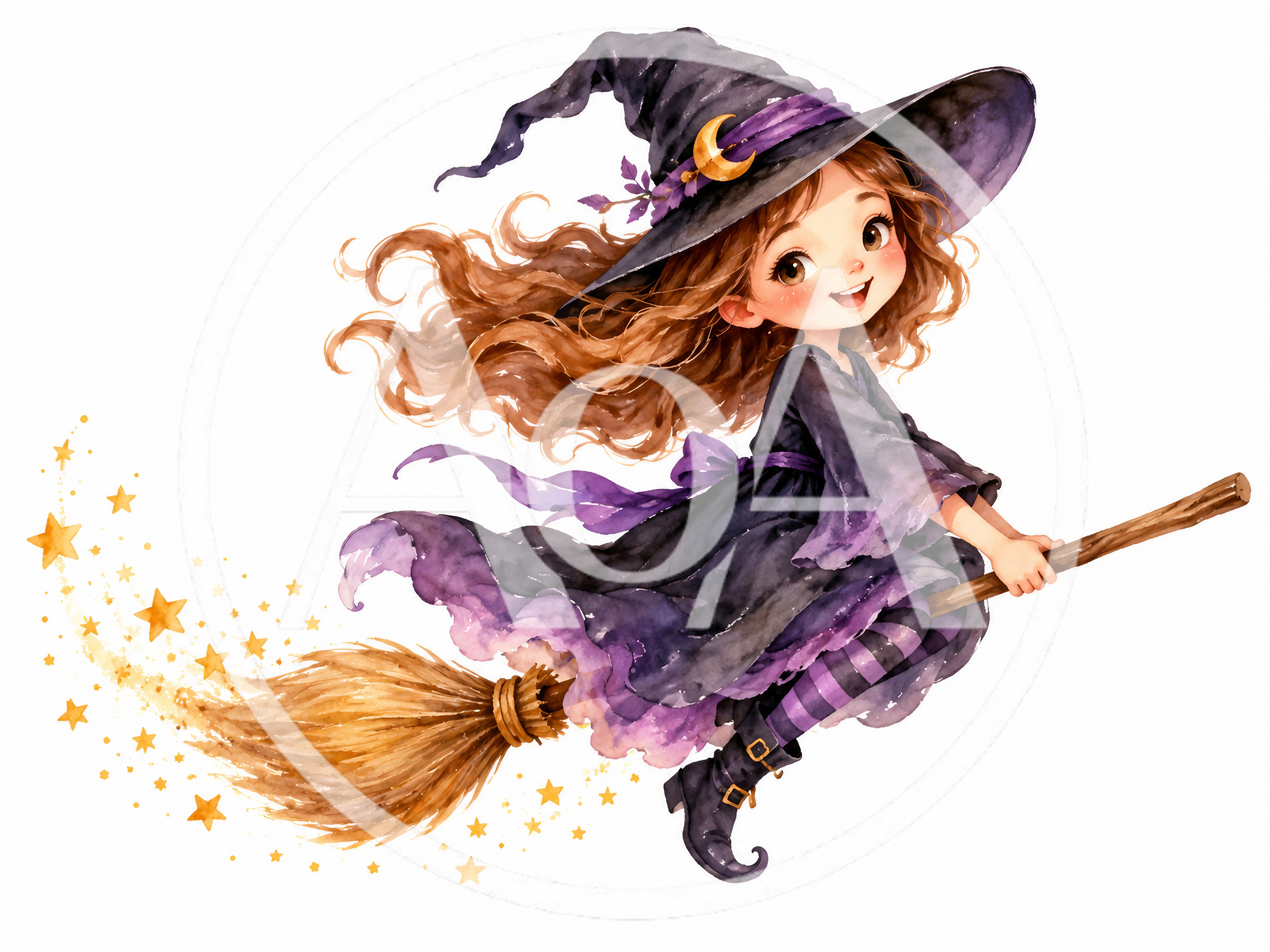 Cute Little Witch Flying on a Broomstick